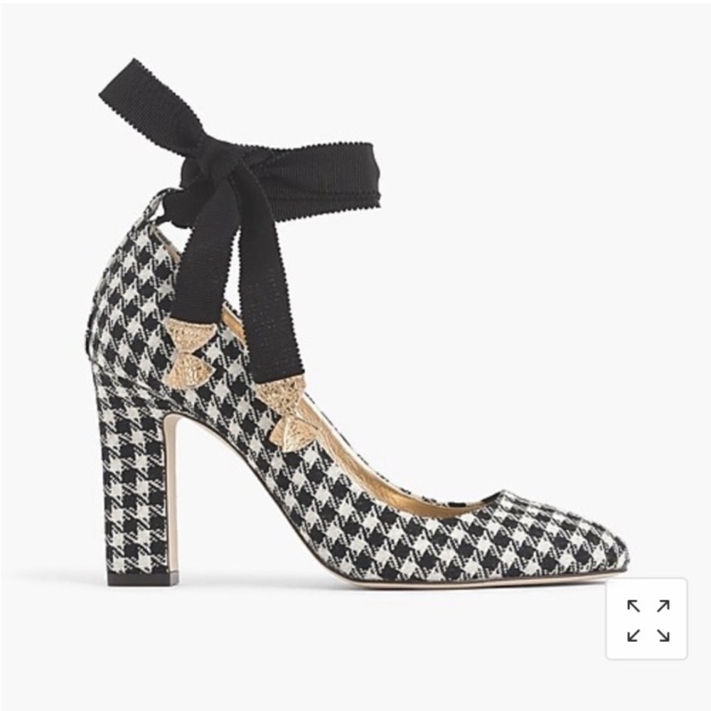 JCrew Ankle-Wrap Pump in Houndstooth Size 8.5M Ivory and Black